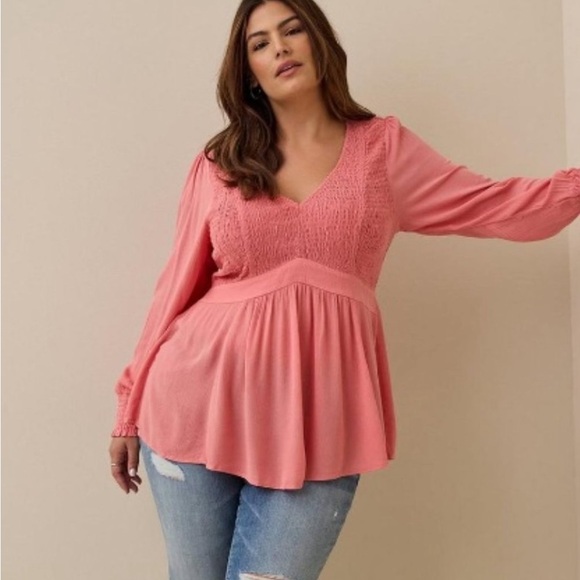 torrid Tops - Torrid Pink Babydoll Crinkle Gauze Smocked Top Size 2X